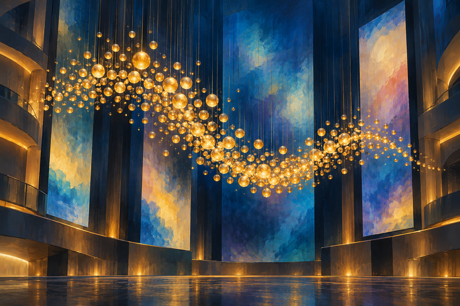 Painted suspended golden spheres and abstract screen concept; not the actual SkySymphony installation / 悬挂金色球体与抽象屏幕概念插画,不是SkySymphony实际装置