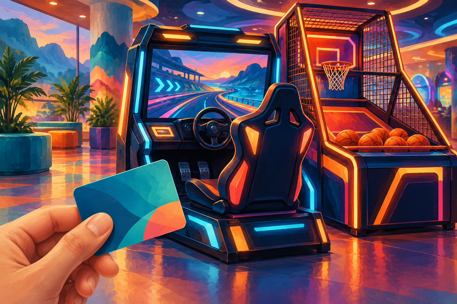 Painted AI concept of fictional racing and basketball arcade games and a blank stored-value card / 虚构赛车、投篮街机与无标识储值卡的AI插画
