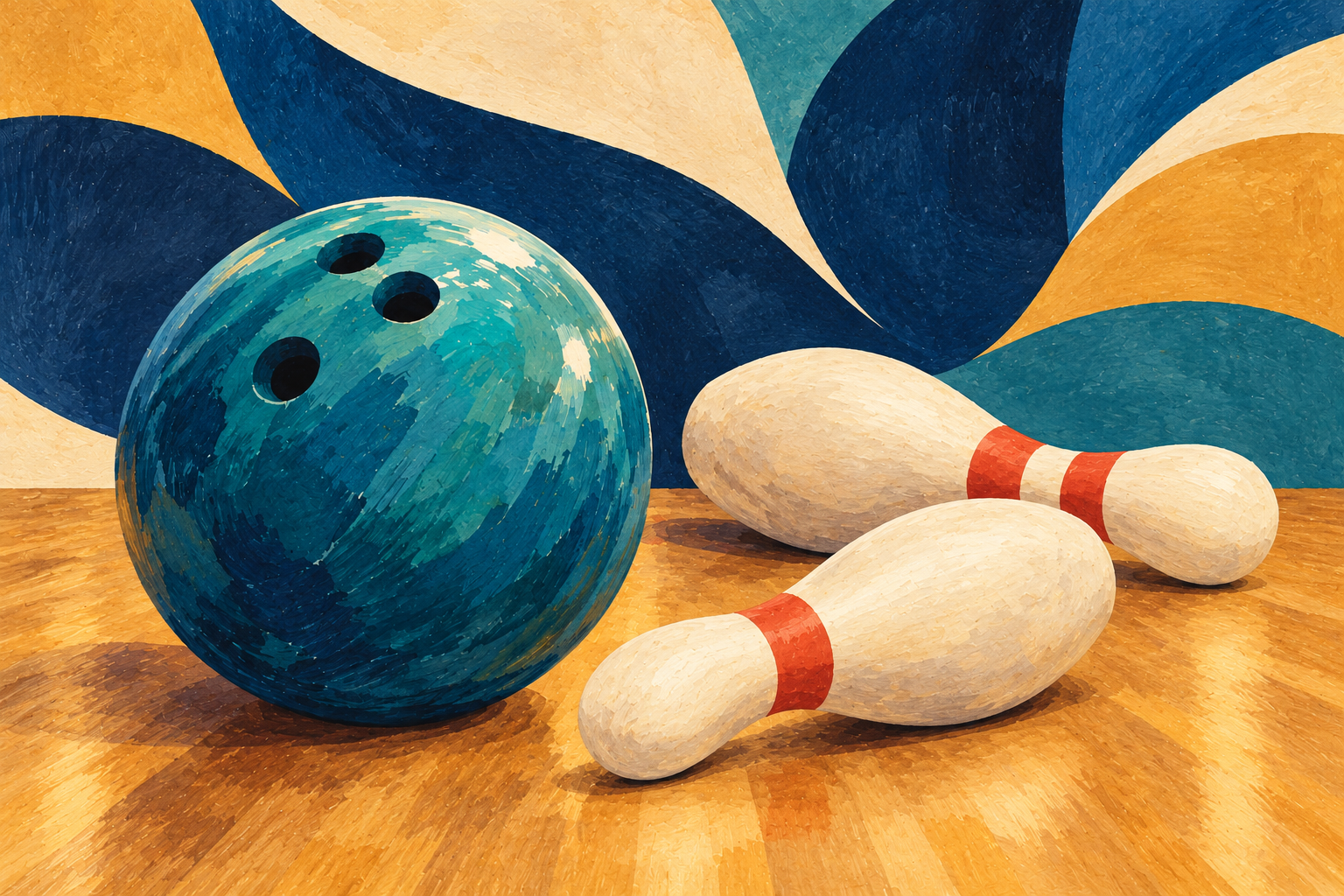 AI illustration of a bowling ball and two loose pins; not Genting Bowl / 保龄球与两支平放球瓶的AI插画,非Genting Bowl实拍