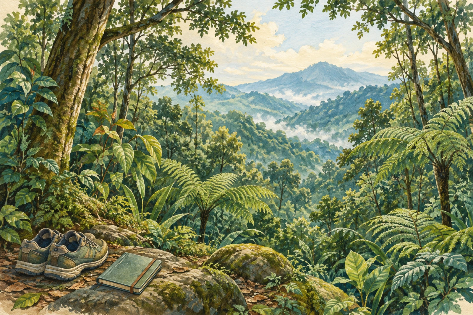 AI editorial illustration of forest foliage and walking equipment, not a real Genting trail photograph