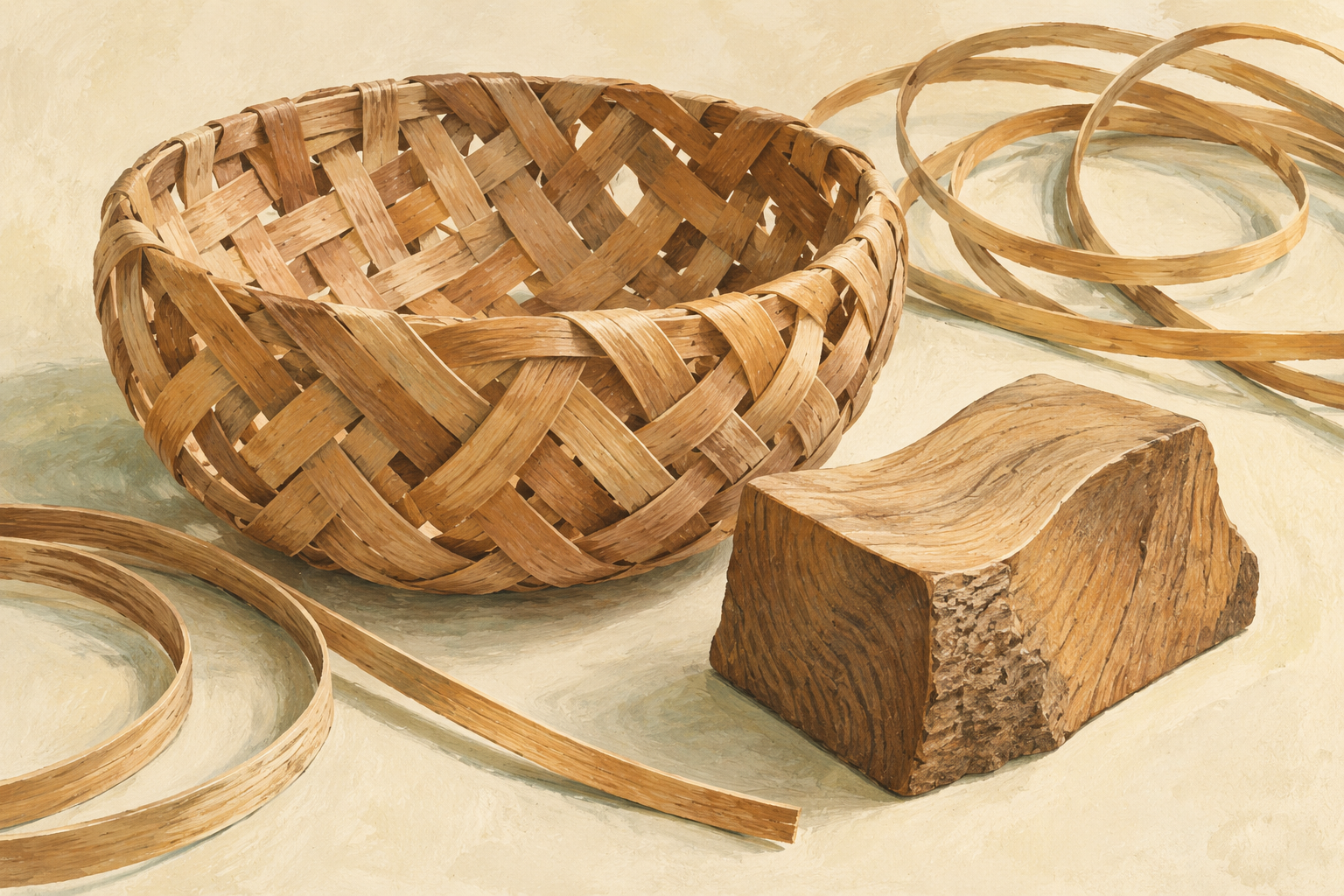 Original AI illustration of generic woven material and wood, not SeniKome exhibits